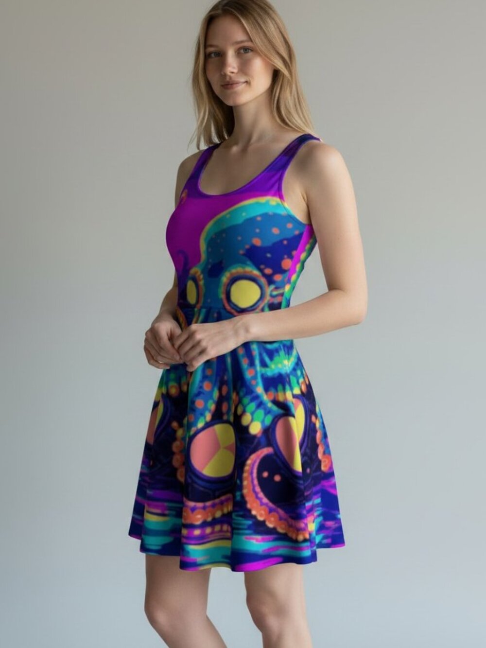 Coastal Octopus Flare Dress • EcoPoly/Spandex • Ocean Art Print